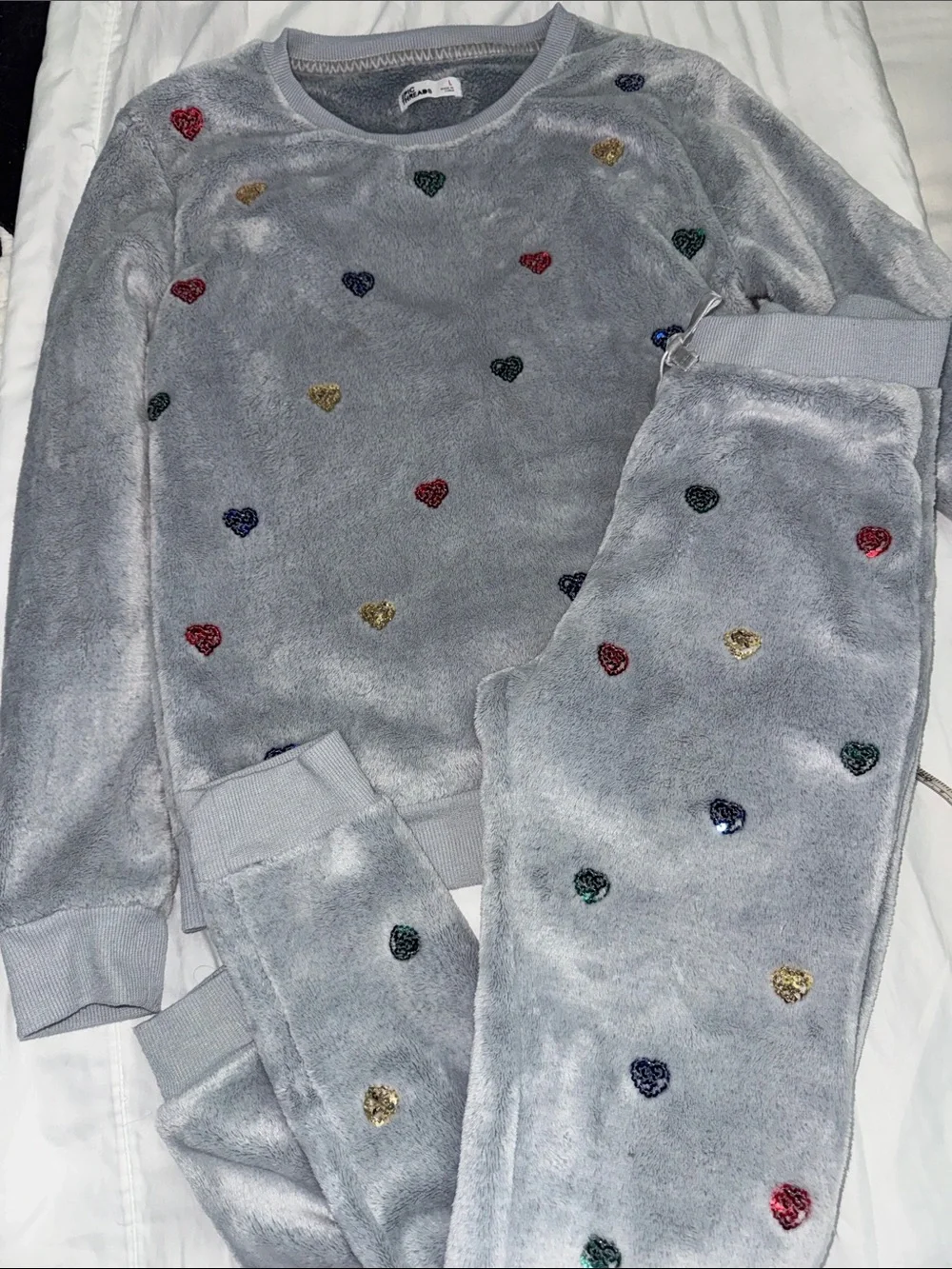 Gray Plush Heart Sequin Loungewear Set